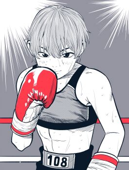 1girl abs boxing boxing_gloves boxing_ring boxing_shorts breasts commentary_request gloves greyscale highres lee_(dragon_garou) light_rays linea_alba midriff monochrome original red_gloves short_hair shorts small_breasts smile solo sports_bra spot_color sweat upper_body