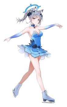 1girl absurdres alternate_costume animal_ears blue_archive blue_dress blue_eyes blue_flower blue_halo breasts dress flower full_body grey_hair hair_flower hair_ornament halo highres looking_at_viewer medium_breasts mismatched_pupils pongdo shiroko_(blue_archive) skates solo