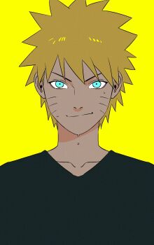 aqua_eyes black_shirt blonde_hair closed_mouth collarbone facial_mark hair_between_eyes highres looking_at_viewer m0_mo_momo naruto_(series) naruto_shippuuden portrait shirt short_hair smile smirk spiked_hair sweat upper_body uzumaki_naruto whisker_markings yellow_background