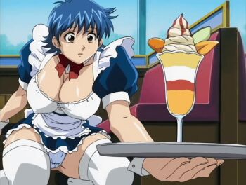 00s 1girl 2003 animated animated_gif apron ass blue_hair blue_panties breasts brown_eyes cafe cleavage couch food huge_ass ice_cream large_breasts lowres nami_sos! panties pantyshot short_hair skirt sundae tagme thighhighs tray underwear waitress waitress_uniform white_panties white_thighhighs window wrist_cuffs yamane_chisato