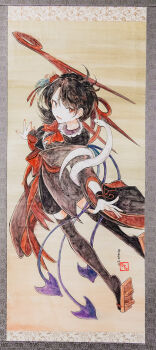 1girl animal asymmetrical_wings black_dress black_hair black_thighhighs bow buttons commentary_request dress dress_bow fine_art_parody frilled_dress frills geta haori highres hisona_(suaritesumi) houjuu_nue japanese_clothes long_sleeves medium_hair nihonga open_mouth orange_bow orange_eyes outstretched_arms parody photo_(medium) shoe_soles short_dress smile snake solo spread_arms thighhighs touhou traditional_media wide_sleeves wings