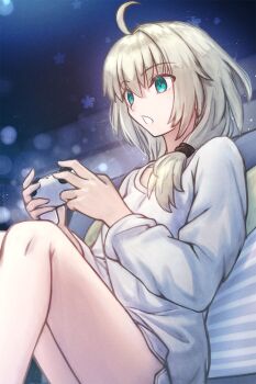 1girl bed controller dress game_controller gamepad green_eyes highres indoors long_hair low_ponytail open_mouth original pajamas pillow ponytail shoori_(migiha) simple_background sitting solo takeuchi_takashi_(style) thighs white_pajamas