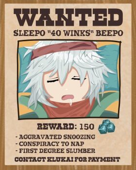 1girl bandana closed_eyes commentary drooling english_commentary english_text g11_(girls&#039;_frontline) girls&#039;_frontline girls&#039;_frontline_2:_exilium green_jacket grey_hair hair_between_eyes highres jacket mechty_(girls&#039;_frontline_2) open_mouth pillow qiongjiufan red_bandana short_hair solo upper_body wanted_poster