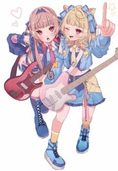 2girls belt blonde_hair blue_jacket blue_ribbon blue_shoes blue_shorts blue_skirt blunt_bangs blush boots commentary_request detached_sleeves double_bun electric_guitar frilled_jacket frills full_body furen_e_lustario furen_e_lustario_(8th_costume) guitar hair_bun hair_ribbon heart highres holding holding_guitar holding_instrument hoshikawa_sara hoshikawa_sara_(10th_costume) instrument jacket knee_boots kneehighs lace-up_boots leaning_forward looking_at_viewer medium_hair midriff multiple_girls necktie nijisanji one_eye_closed open_mouth pointing red_eyes red_necktie ribbon shiratamamaru shoes shorts sidelocks simple_background skirt smile socks stage_lights virtual_youtuber yellow_necktie yellow_socks