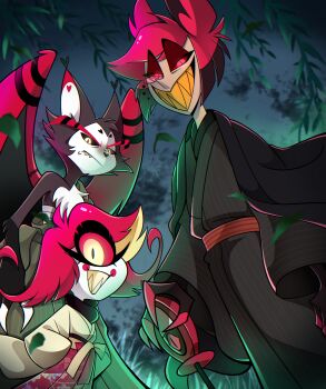 1girl 2boys absurdres alastor_(hazbin_hotel) animal_ears bandaged_torso black_fur black_kimono black_sclera branch chandllucky circle_facial_mark colored_extremities colored_sclera colored_skin colored_teeth deer_ears eyewear_strap furry furry_male grey_skin hakama hakama_skirt hand_on_cane hands_on_own_hips haori hazbin_hotel hellaverse highres husk_(hazbin_hotel) japanese_clothes kimono looking_at_viewer monocle multiple_boys niffty_(hazbin_hotel) one-eyed outdoors red_eyes red_hair red_sclera sharp_teeth short_hair skirt slit_pupils teeth white_kimono white_skin wings yellow_eyes yellow_teeth