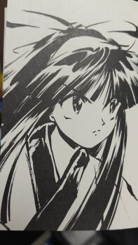 1990s_(style) 1girl ainu_clothes black_hair breasts hair_ribbon long_hair magazine_scan medium_breasts nakoruru retro_artstyle ribbon samurai_spirits scan serious snk solo the_king_of_fighters traditional_media