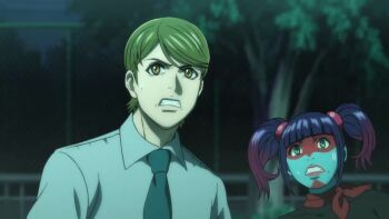 1girl :o animated anime_screenshot black_leotard breasts kamen_rider large_breasts leotard lips looking_at_another multiple_views night open_mouth purple_hair running shocker_(kamen_rider) surprised tagme toujima_tanzaburou_wa_kamen_rider_ni_naritai twintails video yukarisu