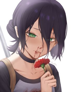 1girl absurdres black_choker black_hair blood blood_from_mouth blood_on_clothes chainsaw_man choker flower green_eyes hair_bun highres holding holding_flower implied_injury mark_renz_purio nosebleed polearm red_flower reze_(chainsaw_man) simple_background solo spear weapon white_background