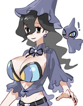 1girl alternate_breast_size_(larger) bags_under_eyes belt bikini black_hair black_nails breasts cleavage closed_mouth cosplay earrings gen_3_pokemon ghost hair_between_eyes hat hex_maniac_(pokemon) hex_maniac_(pokemon_legends:_z-a) jewelry large_breasts long_hair long_sleeves looking_at_viewer lowres midriff navel nintendo open_clothes open_mouth open_shirt pokemon pokemon_(creature) pokemon_legends:_z-a raine_(acke2445) shirt shuppet shuppet_(cosplay) simple_background smile swimsuit white_background witch_hat