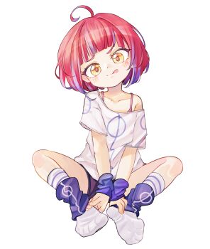 1girl :q ahoge bilingual_commentary black_shorts bra_strap chaosexceed closed_mouth commentary english_commentary flat_chest full_body highres mixed-language_commentary no_shoes original shirt short_shorts short_sleeves shorts simple_background socks soles toes tongue tongue_out white_background white_shirt white_socks yellow_eyes