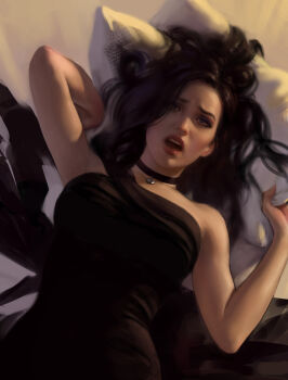 1girl absurdres black_choker black_dress black_hair choker commentary dress dutch_angle english_commentary fivegarret hair_spread_out hands_up highres looking_at_viewer lying mole mole_under_mouth on_bed open_mouth pillow pillow_grab pink_lips scared single_bare_shoulder the_witcher_(series) the_witcher_3 yennefer_of_vengerberg