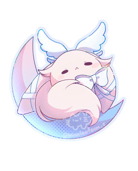 Rule 34 | absurdres, artist name, closed eyes, closed mouth, columbina (genshin impact), commentary request, crescent, dodoco (genshin impact), genshin impact, hair ornament, highres, mina (minaleafeon c), no humans, partial commentary, ribbon, simple background, white background, white ribbon, wing hair ornament, wings