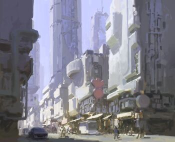 absurdres anthony_brault blue_sky building city cityscape day highres industrial_pipe original outdoors people road scenery shadow sidewalk sky skyscraper street sunlight