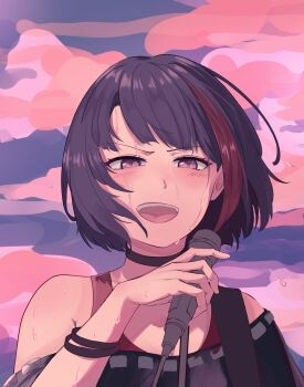 1girl bang_dream! black_choker black_hair black_shirt breasts choker cleavage commentary_request guitar_strap highres holding holding_microphone microphone mitake_ran off_shoulder open_mouth purple_eyes red_streaks red_tank_top shirt short_hair solo sunnysalt_08 sweat tank_top teeth upper_body upper_teeth_only