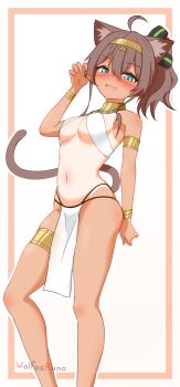 1girl ahoge ancient_egyptian ancient_egyptian_clothes animal_ear_fluff animal_ears artist_request bikini black_ribbon blue_eyes blush bracelet breasts brown_hair cat_ears cat_girl cat_tail claw_pose cleavage gold_armband gold_bracelet gold_choker gold_hairband hair_ribbon hairband highres hololive jewelry medium_breasts medium_hair natsuiro_matsuri navel necklace one-piece_tan open_mouth pelvic_curtain ponytail ribbon skindentation smile solo standing swimsuit tail tan tanline thigh_strap virtual_youtuber white_background white_bikini wolfoxruno