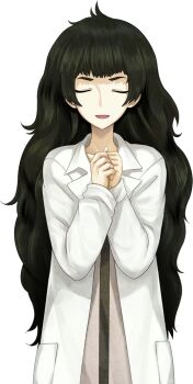 1girl blunt_bangs brown_jacket closed_eyes collar collarbone facing_viewer fingernails flat_chest game_cg green_collar green_hair green_trim hiyajou_maho huke jacket jacket_over_dress lab_coat large_variant_set long_hair messy_hair non-web_source official_art open_mouth own_hands_together science_adventure smile solo sprite steins;gate steins;gate_0 transparent_background variant_set very_long_hair