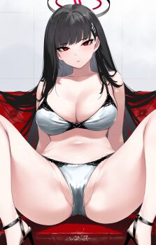 1girl bare_shoulders black_hair blue_archive blunt_bangs bra breasts cleavage closed_mouth collarbone commentary_request grey_bra grey_panties hair_ornament hairclip halo high_heels highres large_breasts long_hair looking_at_viewer mitsuba_minoru navel panties red_eyes ring_light_reflection rio_(blue_archive) signature sitting solo spread_legs thighs underwear variant_set