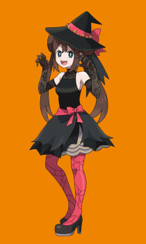 1girl asatsuki_(fgfff) bare_shoulders black_dress black_hat black_shoes blue_eyes bright_pupils brown_hair claw_pose commentary_request cosplay double_bun dress elbow_gloves gloves hair_bun halloween halloween_costume halterneck hat hat_ribbon high_heels highres lace lace_gloves long_hair looking_at_viewer nintendo official_alternate_costume open_mouth orange_background pantyhose pokemon pokemon_bw2 pokemon_masters_ex red_pantyhose red_ribbon ribbon rosa_(pokemon) roxanne_(fall_2023)_(pokemon) roxanne_(pokemon) roxanne_(pokemon)_(cosplay) shoes simple_background sleeveless sleeveless_dress smile solo twintails v-shaped_eyebrows white_pupils witch witch_hat