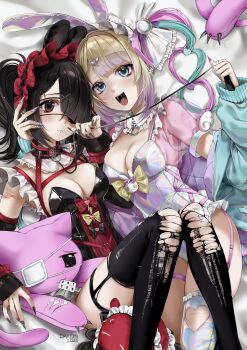 2girls absurdres ame-chan_(needy_girl_overdose) animal_ears black_hair black_leotard black_thighhighs blonde_hair blue_hair breasts chouzetsusaikawa_tenshi-chan cleavage commentary_request dakemichan expressionless eyepatch fake_animal_ears frills hair_ornament highres holding holding_leash leash leotard looking_at_viewer lying multicolored_hair multiple_girls needy_girl_overdose nontraditional_playboy_bunny on_back open_mouth pien_cat_(needy_girl_overdose) pink_hair rabbit_ears see-through_clothes see-through_sleeves short_twintails thigh_strap thighhighs torn_clothes torn_thighhighs twintails white_leotard x_hair_ornament