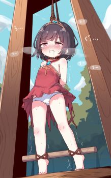 1girl arms_behind_back asphyxiation bdsm black_hair bondage bound bound_legs clenched_teeth feet heavy_breathing highres loli miria_(mamamamave) noose original outdoors panties peril red_eyes rope runa_(miria) saliva short_hair solo sweat teeth tiara tiptoes trembling underwear