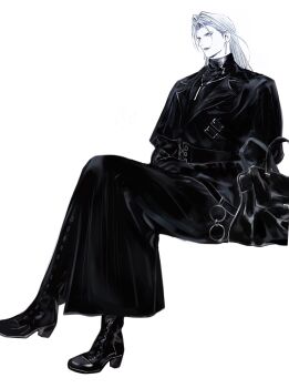 1boy black_bag black_boots black_coat black_gloves black_sweater boots coat commentary crossed_legs dissidia_duellum_final_fantasy dissidia_final_fantasy earrings final_fantasy final_fantasy_vii full_body gloves grey_hair hair_slicked_back hayashishisou highres jewelry long_coat long_hair male_focus necklace official_alternate_costume parted_bangs sephiroth sitting solo sweater symbol-only_commentary turtleneck turtleneck_sweater white_background