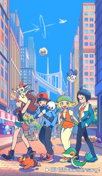 2boys 2girls absurdres anniversary backwards_hat baseball_cap bianca_(pokemon) blue_jacket cheren_(pokemon) chueog denim denim_shorts exposed_pocket gen_5_pokemon hat highres hilbert_(pokemon) hilda_(pokemon) jacket legendary_pokemon multiple_boys multiple_girls nintendo on_head oshawott pantyhose poke_ball_print pokemon pokemon_(creature) pokemon_bw pokemon_on_head reshiram shorts snivy starter_pokemon_trio tepig zipper_pull_tab