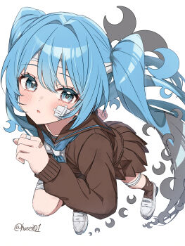 Rule 34 | 1girl, absurdres, adversarial noise, bandaged fingers, bandaged head, bandaged leg, bandages, bandaid, bandaid on cheek, bandaid on face, bandaid on hand, bandaid on knee, bandaid on leg, blue eyes, blue hair, blue neckerchief, blush, brown sailor collar, brown serafuku, brown shirt, brown skirt, brown socks, commentary request, crescent, dated, from above, full body, hasei (hasei01), hatsune miku, hatsune miku (rolling girl), highres, long hair, long sleeves, looking at viewer, nail polish, neckerchief, open mouth, project diva (series), rolling girl (vocaloid), running, sailor collar, school uniform, serafuku, shirt, shoes, simple background, skirt, socks, solo, twintails, twitter username, vocaloid, white background, white shoes