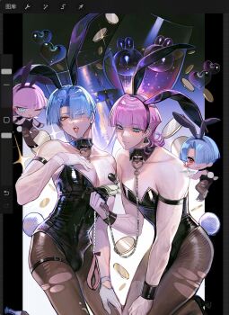 2boys animal_ear_hairband animal_ears banknote black_leotard blue_eyes blue_hair blunt_bangs blush bubble bulge chain chain_leash chibi chibi_inset collar cowboy_shot cum cum_on_body cup drinking_glass facial fake_animal_ears gloves hair_intakes hairband heart highres holding holding_chain huli_xiaobai leash leotard male_focus male_playboy_bunny money multiple_boys one_eye_closed panty_&amp;_stocking_with_garterbelt pantyhose pectoral_cleavage pectorals pink_hair polyester_(psg) polyurethane_(psg) rabbit_ear_hairband rabbit_ears red_eyes short_hair toned toned_male torn_clothes torn_pantyhose tucked_money veins veiny_arms wine_glass