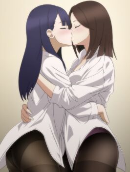 2girls aikawa_ren ass blush breast_press breasts brown_hair brown_pantyhose closed_eyes commentary_request from_side hand_on_own_hip highres hug kiss makiri_akira medium_breasts medium_hair miru_tights multiple_girls nakabeni_yua panties panties_under_pantyhose pantyhose partially_unbuttoned pink_panties purple_hair shirt short_hair simple_background symmetrical_docking underwear white_shirt yuri