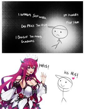 1boy 1girl 2koma :d absurdres ahoge altronage artist_self-insert black_horns black_skirt blue_eyes breasts cleavage comic commentary crystal_wings demon_girl demon_horns detached_wings double_halo dress english_commentary english_text fangs flower halo happy hat heterochromia highres hololive hololive_english horns irys_(hololive) large_breasts long_hair long_sleeves looking_at_viewer medium_breasts meme nail_polish open_mouth pink_nails pointy_ears purple_eyes red_flower red_hair simple_background skirt smile solo stick_figure upper_body virtual_youtuber waving white_background white_dress wings