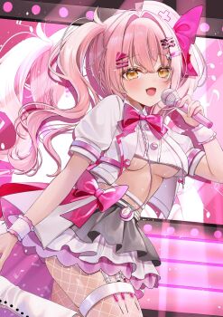 1girl bow bowtie breasts commission cropped_shirt drill_hair grey_skirt hair_ornament hair_ribbon hairclip hat highres holding holding_microphone holster indie_virtual_youtuber layered_skirt long_hair microphone minaton nurse_cap ohagetty pink_bow pink_bowtie pink_hair pink_ribbon ribbon shirt short_sleeves skeb_commission skirt solo syringe_holster thigh_holster twin_drills twintails underboob virtual_youtuber white_shirt white_skirt yellow_eyes