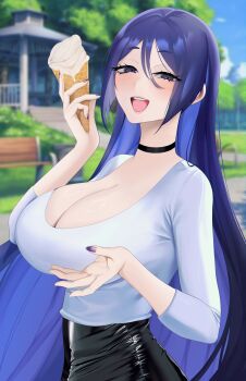 1girl absurdres bench black_choker black_skirt breasts choker cleavage eyelashes fate/grand_order fate_(series) food grass grey_eyes hair_between_eyes highres holding holding_food holding_ice_cream ice_cream large_breasts long_hair minamoto_no_raikou_(fate) open_mouth park_bench purple_hair purple_nails sae_illust shirt skirt smile solo teeth upper_teeth_only white_shirt