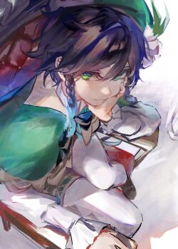1boy aqua_eyes aqua_hair beret black_hair braid capelet cecilia_flower_(genshin_impact) commentary_request flower genshin_impact gradient_hair green_capelet green_hat hat head_rest highres light_smile long_sleeves looking_at_viewer multicolored_hair pantyhose partially_colored shirt short_hair side_braids sitting solo suiso_sui twin_braids venti_(genshin_impact) white_flower white_pantyhose white_shirt