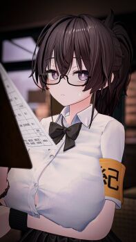 1girl 3d :| absurdres black_hair bow bowtie breasts closed_mouth commentary_request expressionless glasses highres indoors jimiko kazama_ritsuko large_breasts light_blush looking_at_viewer ponytail purple_eyes school_uniform solo solo_focus sweat sweatdrop vrc_marvelous vrchat wristband