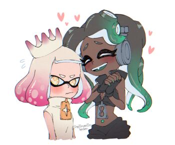 2girls ariamikukanzaki black_gloves black_hair breasts cleavage commentary_request crop_top crown dark-skinned_female dark_skin fingerless_gloves flying_sweatdrops gloves gradient_hair green_hair headphones heart inkling marina_(off_the_hook_outfit)_(splatoon) marina_(splatoon) medium_breasts midriff multicolored_hair multiple_girls navel navel_piercing nintendo octoling own_hands_clasped own_hands_together pearl_(off_the_hook_outfit)_(splatoon) pearl_(splatoon) piercing pink_hair signature splatoon_(series) splatoon_2 tentacle_hair tilted_headwear very_dark_skin wavy_mouth