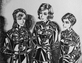 3girls arms_behind_back black_jacket bordfunker133 breast_pocket breasts collar_tabs cross curly_hair dress_shirt friedrich_rumpelhardt gaensler-chan_(bordfunker133) genderswap genderswap_(mtf) greyscale grin heinz-wolfgang_schnaufer iron_cross jacket leather leather_jacket lipstick long_hair luftwaffe makeup medal military monochrome multiple_girls nazi nazi_party_pin original photo_(medium) pocket real_life reichsadler rumpelhardt-chan_(bordfunker133) schnaufer-chan_(bordfunker133) shirt short_hair shoulder_boards small_breasts smile soldier very_short_hair wilhelm_gaensler world_war_ii