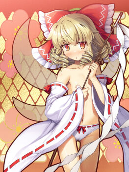 blonde_hair bow bow_panties chima_q cosplay detached_sleeves drill_hair fairy fairy_wings floral_background gohei hakurei_reimu hakurei_reimu_(cosplay) highres holding holding_gohei luna_child ofuda ofuda_on_nipples orange_eyes panties pasties red_bow red_ribbon ribbon topless_female touhou underwear white_panties wings yellow_background