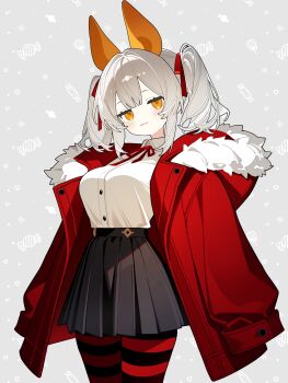 1girl :3 a-pose animal_ears black_pantyhose black_skirt blunt_bangs breasts closed_mouth coat collared_shirt commentary cowboy_shot double-parted_bangs dress_shirt flipped_hair fur-trimmed_coat fur_trim grey_background hair_between_eyes hair_intakes hair_ribbon head_tilt high-waist_skirt highres hood hood_down hooded_coat jitome large_breasts light_blush llucilab long_sleeves looking_at_viewer medium_hair miniskirt multicolored_pantyhose neck_ribbon no_nose orange_eyes original oversized_clothes pantyhose patterned_background pleated_skirt red_coat red_pantyhose red_ribbon ribbon shirt sidelocks simple_background skirt sleeves_past_fingers sleeves_past_wrists smile solo standing striped_clothes striped_pantyhose twintails white_hair white_shirt