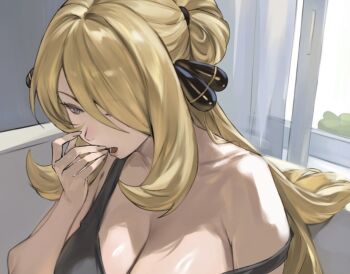 1girl blonde_hair breasts commentary_request cynthia_(pokemon) grey_eyes hair_ornament hair_over_one_eye hair_tie long_hair nintendo off_shoulder one_eye_closed open_mouth pokemon pokemon_diamond/pearl/platinum solo taiyang_yu tank_top very_long_hair window yawning