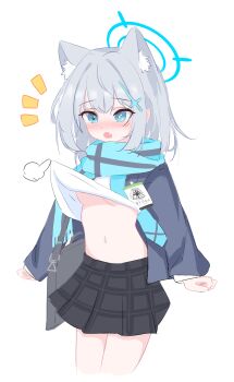 1girl absurdres abydos_high_school_logo animal_ear_fluff animal_ears aqua_necktie aqua_scarf bag black_skirt blazer blue_archive blue_eyes blue_halo blue_jacket blush breasts clothes_lift commentary_request cowboy_shot cropped_legs cross_hair_ornament double-parted_bangs fang grey_hair hair_between_eyes hair_intakes hair_ornament halo highres id_card jacket lifting_another&#039;s_clothes lmg7811 long_sleeves looking_down medium_breasts miniskirt mismatched_pupils navel necktie open_clothes open_jacket open_mouth plaid_clothes plaid_skirt pleated_skirt scarf school_uniform shiroko_(blue_archive) shirt shirt_lift shoulder_bag sidelocks skirt solo standing stomach striped_clothes striped_scarf surprised underboob white_background white_shirt wolf_ears