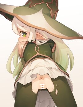 1girl absurdres alternate_costume alternate_hairstyle anus bar_censor bare_shoulders censored cleft_of_venus commentary cross-shaped_pupils detached_sleeves english_commentary female_focus from_behind genshin_impact gradient_hair green_eyes green_hair green_hat green_pantyhose green_shirt hair_down hat highres kanbaki loli looking_at_viewer looking_back multicolored_hair nahida_(genshin_impact) pantyhose pointy_ears pussy shirt simple_background skirt solo symbol-shaped_pupils torn_clothes torn_pantyhose white_background white_hair white_skirt witch_hat