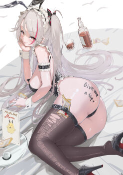1girl absurdres alcohol animal_ears antenna_hair arm_support ass azur_lane bare_shoulders black_leotard blush body_writing bottle breasts elbow_rest fake_animal_ears fake_tail from_above full_body glass_bottle grey_hair hand_on_own_cheek hand_on_own_face head_rest high_heels highres large_breasts legs leotard long_hair looking_at_viewer looking_back lying maid_headdress manjuu_(azur_lane) medium_breasts money multicolored_hair nukege_ojisan official_alternate_costume on_side orange_eyes playboy_bunny prinz_eugen_(azur_lane) prinz_eugen_(between_tipsiness_and_a_wager)_(azur_lane) rabbit_ears red_hair red_streaks smile solo streaked_hair tail thighhighs thighs torn_clothes torn_thighhighs tucked_money two-tone_hair two_side_up very_long_hair white_hair wrist_cuffs