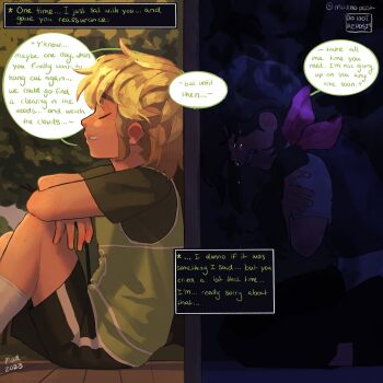 Rule 34 | 1boy, 1girl, 2023, alternate costume, alternate hairstyle, alternate universe, artist name, aubrey (faraway) (omori), aubrey (omori), basil (faraway) (omori), basil (omori), black shorts, black sweater vest, blonde hair, closed eyes, crossed arms, crying, english text, hair ribbon, highres, kneeling, left-to-right manga, low ponytail, madnopost, omori, parted lips, pink ribbon, ponytail, ribbon, shirt, short sleeves, shorts, smile, socks, speech bubble, sweater vest, white shirt, white socks