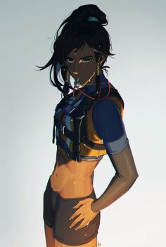 Rule 34 | 1girl, bad id, bad tumblr id, bikini, black hair, black shorts, brown eyes, cowboy shot, dark-skinned female, dark skin, eye of horus, facial mark, facial tattoo, from side, gradient background, grey background, grey shirt, hair ornament, hair tubes, hand on own hip, highres, life vest, lifeguard, lifeguard pharah, long hair, long sleeves, looking at viewer, maro (lij512), midriff, navel, official alternate costume, overwatch, overwatch 1, pharah (overwatch), ponytail, shadow, shirt, short shorts, shorts, sidelocks, signature, simple background, solo, standing, stomach, swimsuit, tankini, tattoo, turtleneck, upper body, vest, wet, wet clothes, wet hair, whistle, whistle around neck