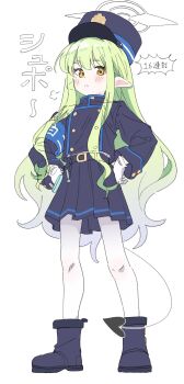 1girl armband belt black_boots black_hat black_jacket black_skirt blue_archive blush boots closed_mouth commentary_request demon_tail full_body gloves green_hair halo hands_on_own_hips hat highres hikari_(blue_archive) jacket long_hair long_sleeves meeeeeeco359 pantyhose pointy_ears puff_of_air sidelocks skirt solo standing tail white_gloves white_pantyhose yellow_eyes