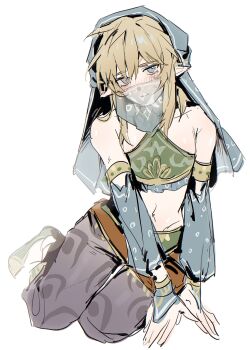1boy blonde_hair chinese_commentary commentary_request crop_top crossdressing crossdressing_(mtf) detached_sleeves earrings gerudo_set_(zelda) green_eyes grey_pants hair_between_eyes harem_pants highres jewelry link looking_at_viewer male_focus medium_hair midriff mouth_veil navel nintendo official_alternate_costume pants pointy_ears sidelocks simple_background sitting smile solo the_legend_of_zelda trap veil white_background woshiningmengjing913