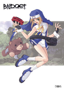 1boy ankle_socks arc_system_works bare_arms bare_shoulders bike_shorts black_gloves black_shorts blonde_hair blue_jacket blue_shoes blue_veil bridget_(guilty_gear) buttoned_cuffs buttons character_name commentary_request cross day fingerless_gloves full_body gloves green_eyes guilty_gear guilty_gear_xx high_collar jacket knees_together_feet_apart korean_commentary latin_cross long_hair looking_at_object nose nun open_mouth orebalgum outdoors puritan_collar roger_(guilty_gear) ruins shirt shoes shorts sleeveless sleeveless_jacket socks stuffed_animal stuffed_toy teddy_bear trap tree turtleneck veil watermark web_address white_shirt white_shoes white_socks white_wrist_cuffs wrist_cuffs yo-yo