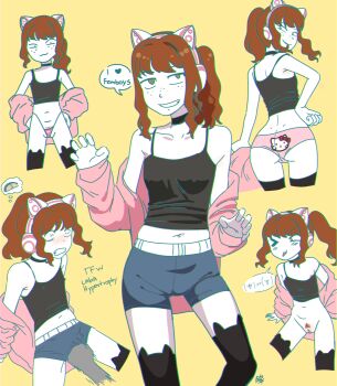 1girl artist_self-insert ass asuka2004 black_thighhighs cameltoe collarbone commentary covered_erect_nipples cunt_punt denim denim_shorts english_commentary english_text female_pervert flat_chest freckles from_behind green_eyes heart hello_kitty_(character) highres midriff multiple_views original pervert pubic_hair punching pussy pussy_torture red_hair self-upload shorts speech_bubble spoken_heart taco thighhighs thought_bubble violence yellow_background