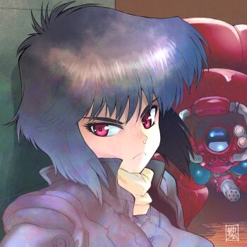 absurdres against_wall angry artist_name black_shirt blush bob_cut bright_pupils brown_jacket close-up closed_mouth commentary eyelashes from_side frown fuchikoma gatling_gun ghost_in_the_shell high_collar highres inverted_bob jacket kikumaru_bunta kusanagi_motoko looking_at_viewer looking_to_the_side non-humanoid_robot nose_blush open_clothes open_jacket portrait purple_hair red_eyes redrawn robot scarf shirow_masamune_(style) shirt short_hair signature translated v-shaped_eyebrows yellow_scarf