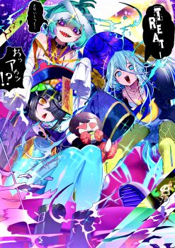 3girls absurdres bandages bandeau bare_shoulders black_boots black_coat black_hair black_shrug blue_bodysuit blue_hat blush bodysuit boots breasts brown_eyes coat collar dress fate/grand_order fate_(series) gloves green_eyes green_hair hair_between_eyes hair_over_one_eye hat highres jewelry jiangshi_costume kitsunebi44410 lady_yu_doll locusta_(fate) long_hair looking_at_viewer louhi_(fate) mole mole_under_eye multicolored_hair multiple_girls mummy_costume necklace ofuda open_mouth pantyhose purple_bandeau purple_eyes purple_hair qingdai_guanmao see-through_body shaded_face sharp_teeth short_hair shrug_(clothing) skeleton sleeves_past_fingers sleeves_past_wrists small_breasts smile speech_bubble spider_web_pattern talisman teeth thighs translation_request two-tone_hair white_dress witch witch_hat xu_fu_(fate) yellow_gloves yellow_pantyhose